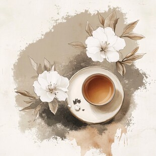 水墨风花茶插画意境美
