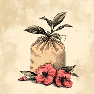 袋中绿植与娇艳红花