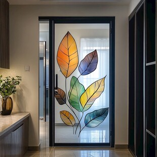 彩色叶纹艺术玻璃推拉门