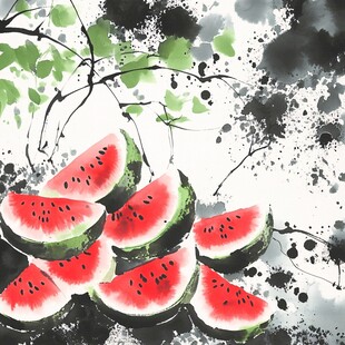 水墨风西瓜插画艺术图