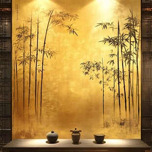 金色竹韵中式雅致背景墙