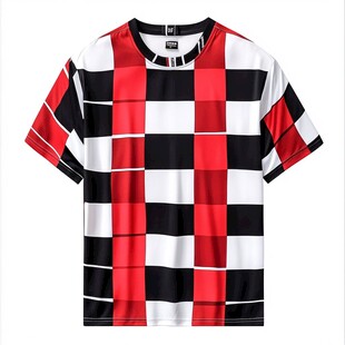 红黑白格纹时尚短袖T恤