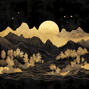 月夜山峦下的金色林海