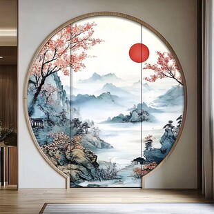 中式圆形山水花鸟屏风画