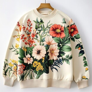 花卉图案米色宽松卫衣