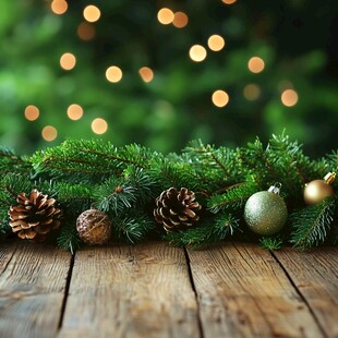 圣诞松枝装饰与木质桌面