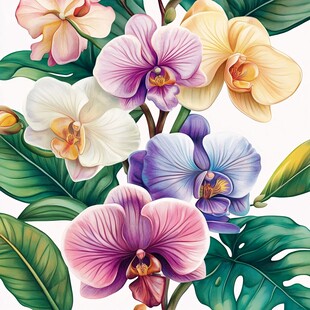 多彩蝴蝶兰与绿叶插画