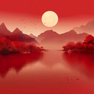 红日映山江 红韵山水景