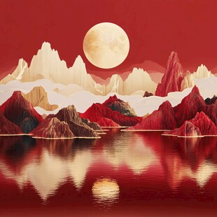 红月映山景 湖光山色美