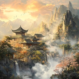 中式山水古建意境风光图