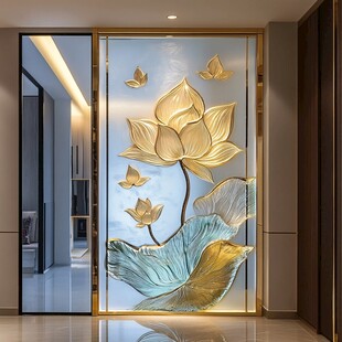 金色莲花蝴蝶艺术玻璃隔断