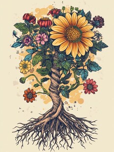 花卉之树插画 根系与繁花