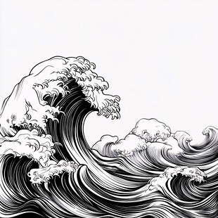 黑白海浪线条艺术插画