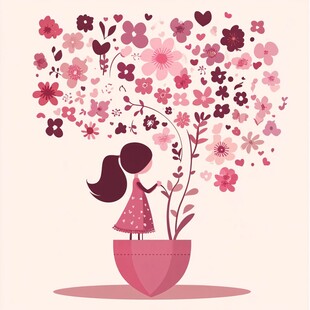 女孩与梦幻花朵盆栽