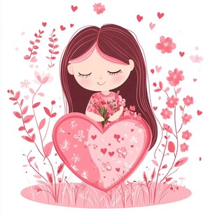 怀抱爱心花束的甜美女孩