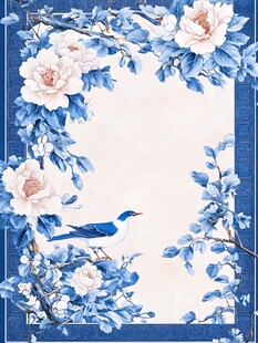 蓝白花鸟中式边框装饰图