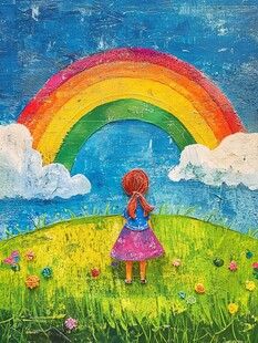 女孩眺望彩虹下的草地