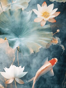 水墨荷塘锦鲤悠然游弋