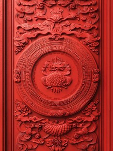 中式红漆浮雕门饰图案