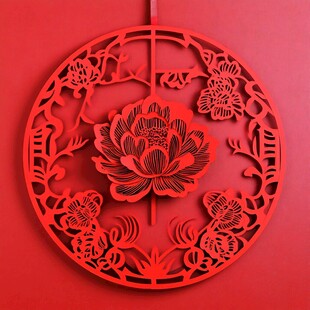 圆形红牡丹剪纸艺术作品