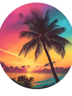 椰树映晚霞的海滨美景