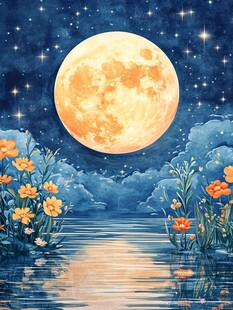 月夜湖畔繁花映月景