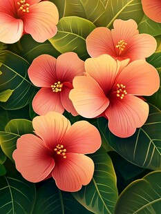 艳丽扶桑花与绿叶插画