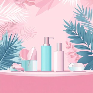 粉色系美妆用品与绿植搭配