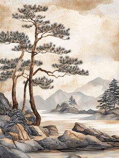 山水间双松挺立之景