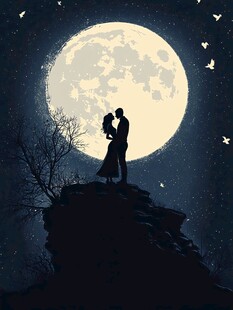 月下情侣浪漫相拥剪影