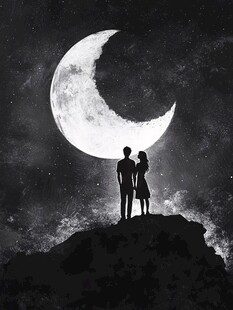 月下情侣剪影浪漫时刻