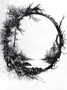 环形枯树景观黑白插画