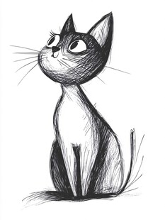可爱猫咪的黑白素描画像