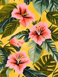 热带花卉与绿叶的精美图案