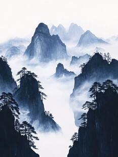 水墨群山间 云雾绕松景