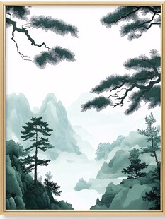 水墨山水间的松林景致