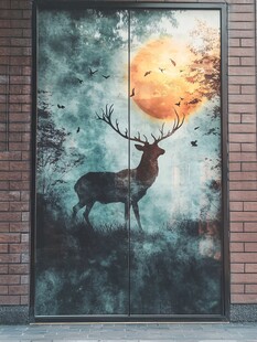 鹿影映月玻璃门艺术画面