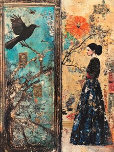 中式复古风女子与飞鸟图景
