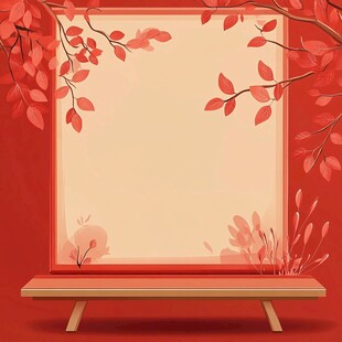 红色系树叶装饰的简约场景