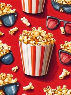 红色背景的爆米花与3D眼镜