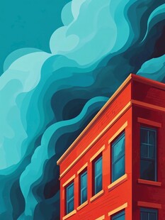 红建筑旁的梦幻蓝色云海