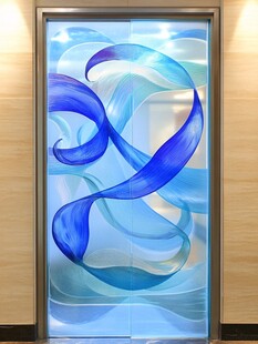 蓝色抽象艺术玻璃门装饰