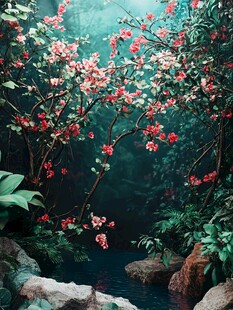 溪边繁花盛开的静谧丛林