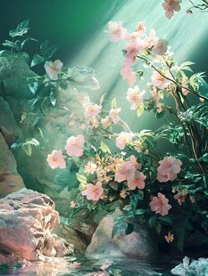阳光洒落的溪边粉色花卉