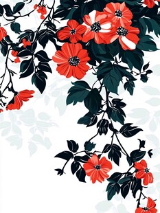 红色花卉枝叶图案设计