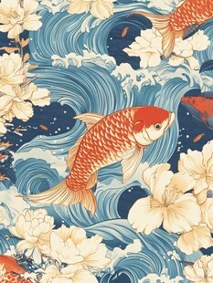 锦鲤游花海与浪间图案