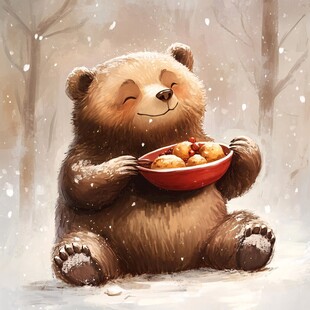 雪中小熊捧碗享美食