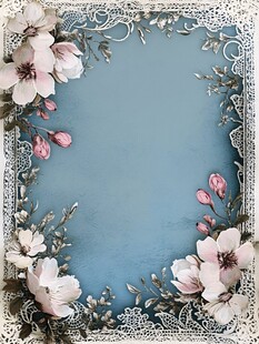 蓝底蕾丝花卉边框装饰图