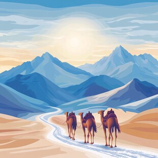沙漠驼队穿行壮丽山脉间