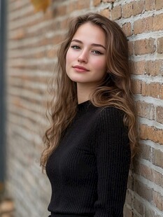 靠墙而立的长发黑衣女子